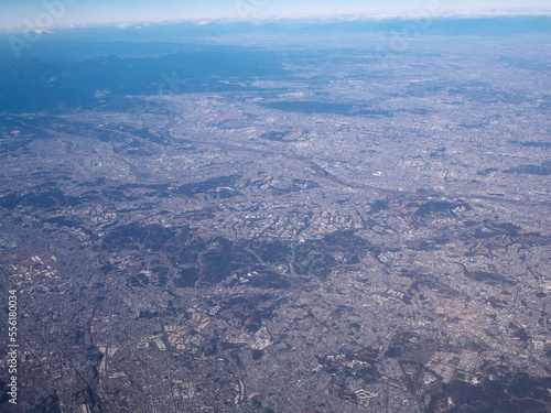 Tokyo, Japan - December 20, 2022: Aerial view of Tama city, Tokyo, Japan, in the winter morning 