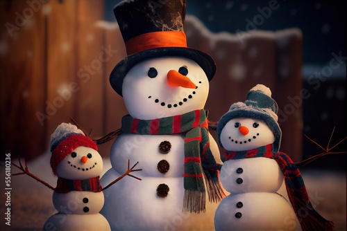 Snowman Snowmen Christmas Coal Eyes Carrot Nose Hat Scarf Winter Illustrated Snowy Snow Background Image photo