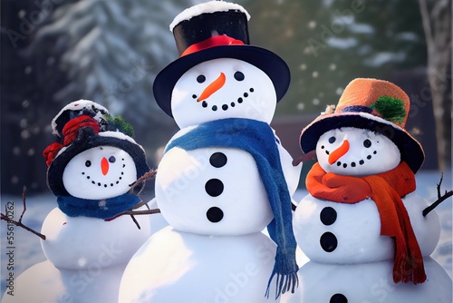 Snowman Snowmen Christmas Coal Eyes Carrot Nose Hat Scarf Winter Illustrated Snowy Snow Background Image photo