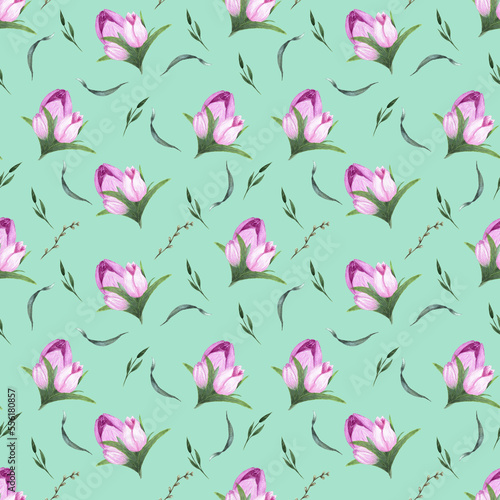 seamless pattern, delicate pink tulips and green leaves on a light background