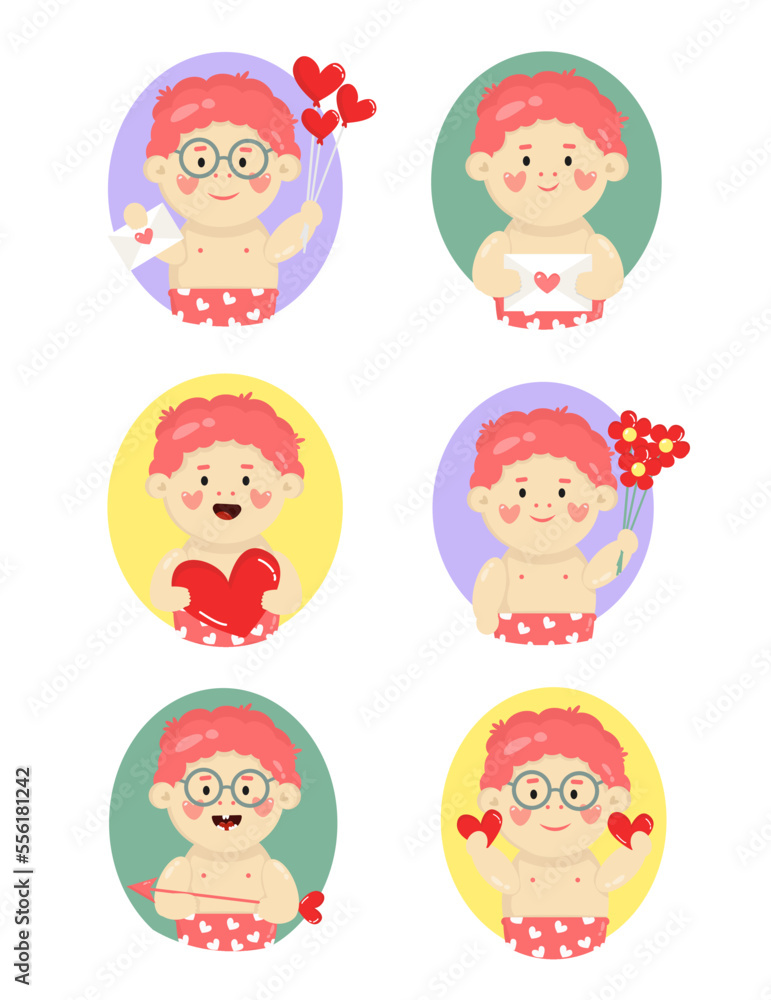 set of cartoon characters. set of avatar romantic little babies with hearts. sticker set set of cartoon characters. set of avatar romantic little babies with hearts. sticker set