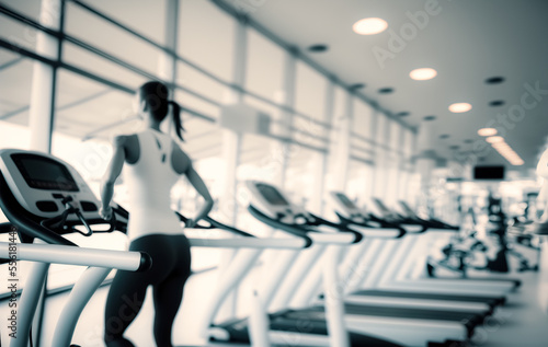 Blurred photo of a gym with people on treadmills. People running in machine treadmill at fitness gym club. digital art 