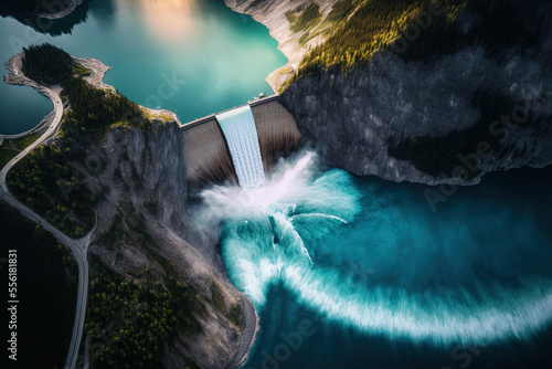 Sustainable hydropower, hydroelectricity generation, renewable energy to limit global warming, aerial view, decarbonize, and summer are all produced by a dam and reservoir lake in the Swiss Alps highl photo