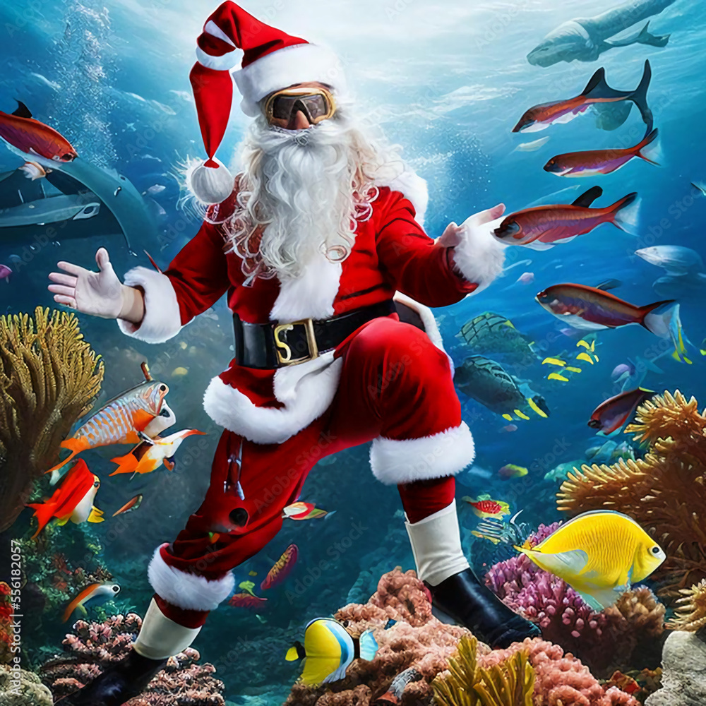 illustration of fictional santa claus swimming with fishes and