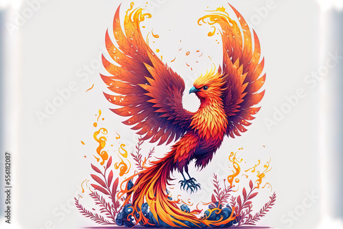 a cute phoenix with flames and orange blazing feathers. Flying mythological magic bird, lovely fenix, and fairy tale firebird in cartoon style isolated on white backdrop. Generative AI