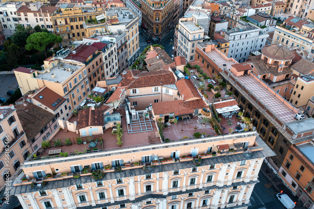 Aerial view of Buildings and Rooftop Terraces in Rome Italy