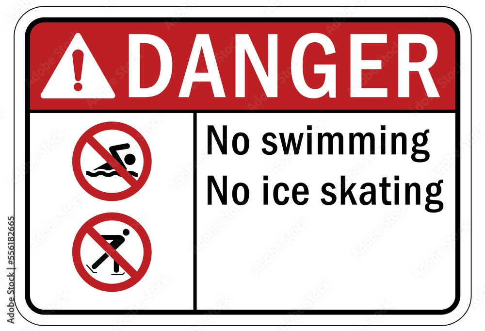 Ice warning sign and labels no swimming no ice skating Ice warning sign and labels no swimming no ice skating