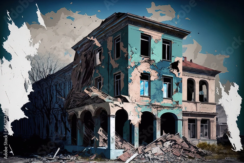 Cities in Ukraine following Russian annexation, Irpin, Kyev region, 9.4.2022. Streets in Irpen were lined with demolished structures. Shelled out, broken windows. buildings after a missile strike #556182612
