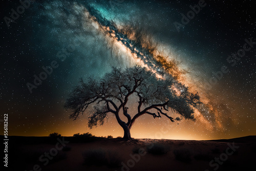 tree shadow and milky way galaxy captured in a long exposure shot with grit. Generative AI