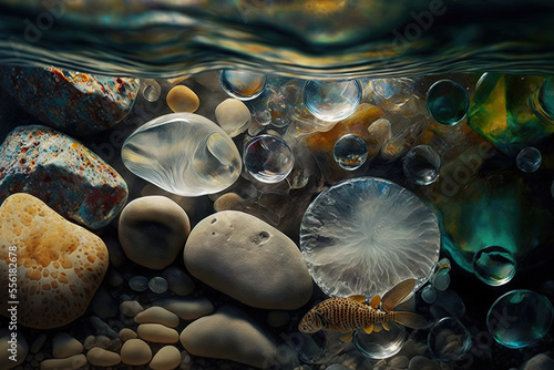 clear sea water, stones, and shells in the background. Generative AI