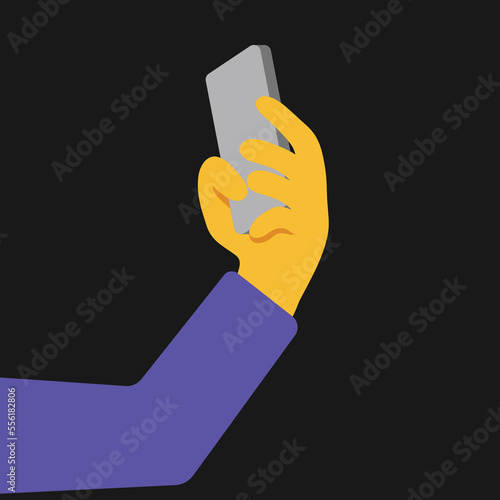 A mobile phone held up to take a selfie vector icon flat emoji  illustration. Isolated person holding the phone or camera sign. Disembodied arm holding a mobile phone symbol.