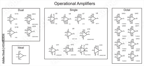 Conditional graphic designations of operational amplifier chips. Vector icons of electronic components of an electrical diagram.