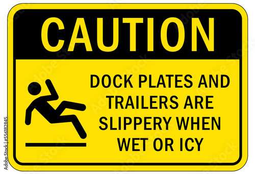 Ice warning sign and labels dog plate and trailers are slippery when wet