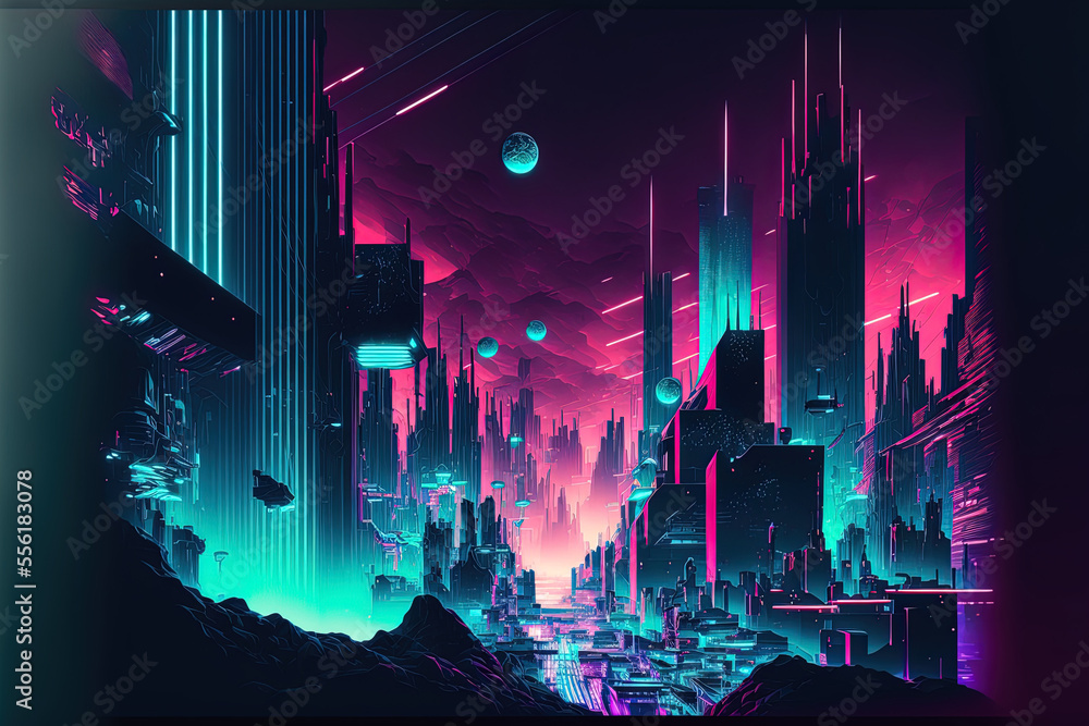 the neon lit futuristic city. Nighttime cityscape with high rise structures, neon lighting, and city lights. Generative AI