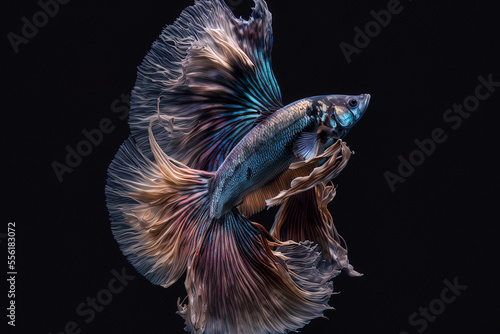 Fish with a dark backdrop and an isolated betta splendens siamese fighting fish. Generative AI