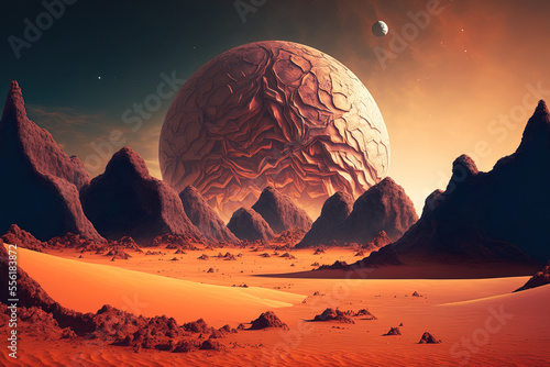 against ancient mountains, a vast, desolate desert with red dirt and rocks. Imaginary extraterrestrial planet scenery Pictures of the New Worlds Discovery. Generative AI