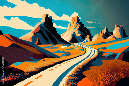Illustration of a section of scenic, off the beaten path road for travel and tourism. an uncommon example. Generative AI