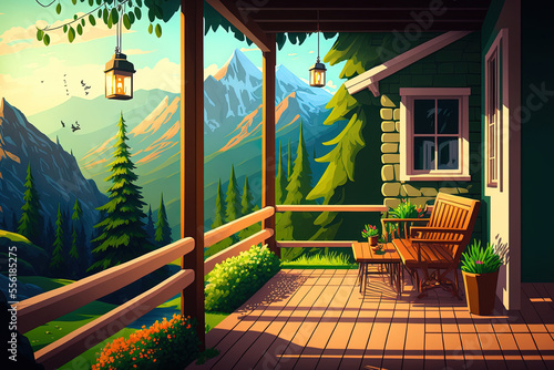 Terrace of the home, wooden balcony with a table, a couch, and a mountain view. The porch of a house in the cartoon artwork has a roof, a fence, and glass walls. The area also has rocks and green tree