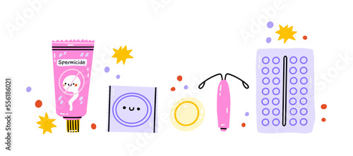 Safe sex and birth control. Set of contraception methods: condom and patch, oral contraceptive pills, suppository and spermicide, female condom and calendar method. vector illustration