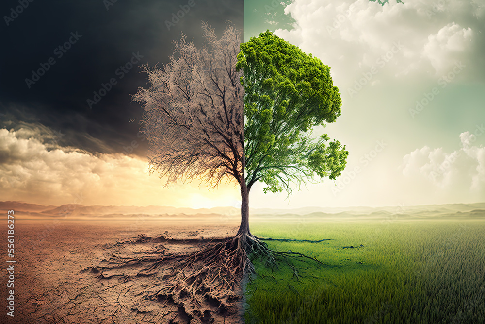 A global warming concept image showing the effect of arid land with tree changing environment, Concept of climate change - obrazy, fototapety, plakaty 