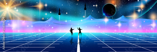 Blue alien planet vector concept illustration. Web banner, header design template