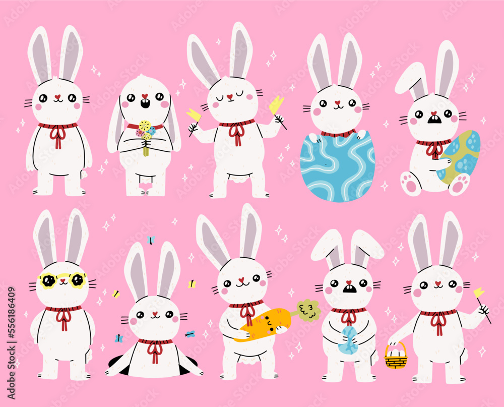 Easter bunny. Modern egg, bunnies for kids standing with egg. Rabbit or hare, spring festive animal with flower and chick. Cartoon holiday decent vector character. Rabbit character set. Easter bunny. Modern egg, bunnies for kids standing with egg. Rabbit or hare, spring festive animal with flower and chick. Cartoon holiday decent vector character. Rabbit character set.