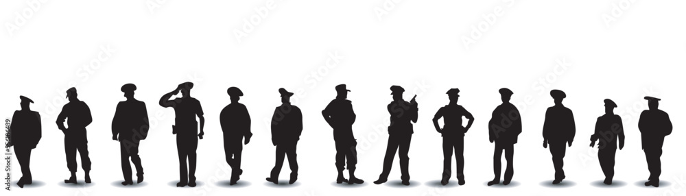 Set of standing policeman silhouette vector on white background Set of standing policeman silhouette vector on white background