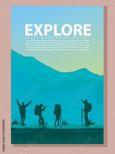 Vector brochure cards set. Travel concept of discovering, exploring and observing nature. Hiking. Adventure tourism. Flat design template of flyer, magazine, book cover, banner, invitation, poster.