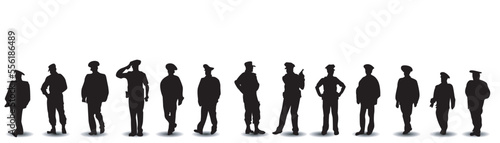 Set of standing policeman silhouette vector on white background