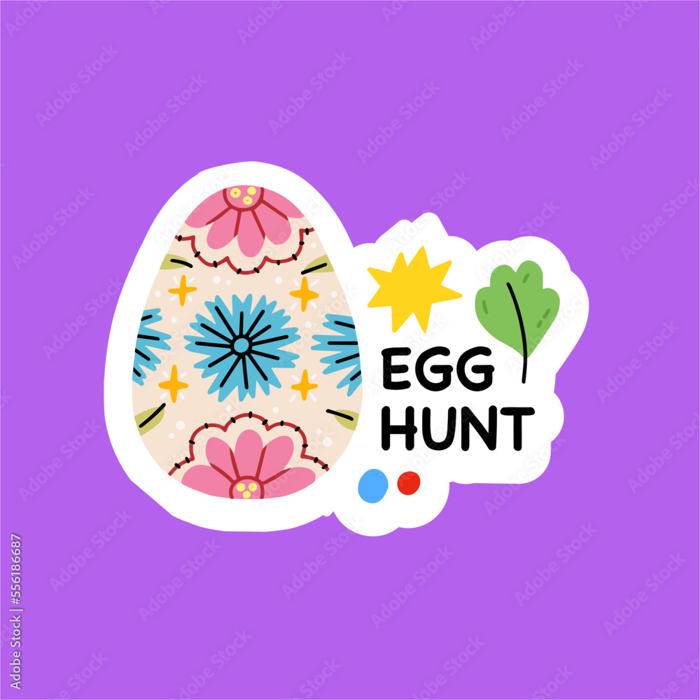 Naklejka premium Egg hunt.Easter eggs. Sticker with lettering for the spring Easter holiday.Vector hand drawn isolated illustration for t-shirts, postcards, posters, prints.Repeatable design for wrapping