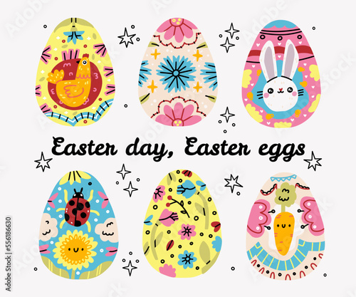 Easter Eggs. Set of vector illustrations in watercolor style. Colored Easter eggs.Colorful painted easter eggs flat illustrations set. Traditional religious holiday celebration. Orthodox easter food 