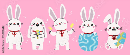 Easter bunny. Modern egg, bunnies for kids standing with egg. Rabbit or hare, spring festive animal with flower and chick. Cartoon holiday decent vector character. Rabbit character set.
