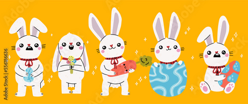 Easter bunny. Modern egg, bunnies for kids standing with egg. Rabbit or hare, spring festive animal with flower and chick. Cartoon holiday decent vector character. Rabbit character set.