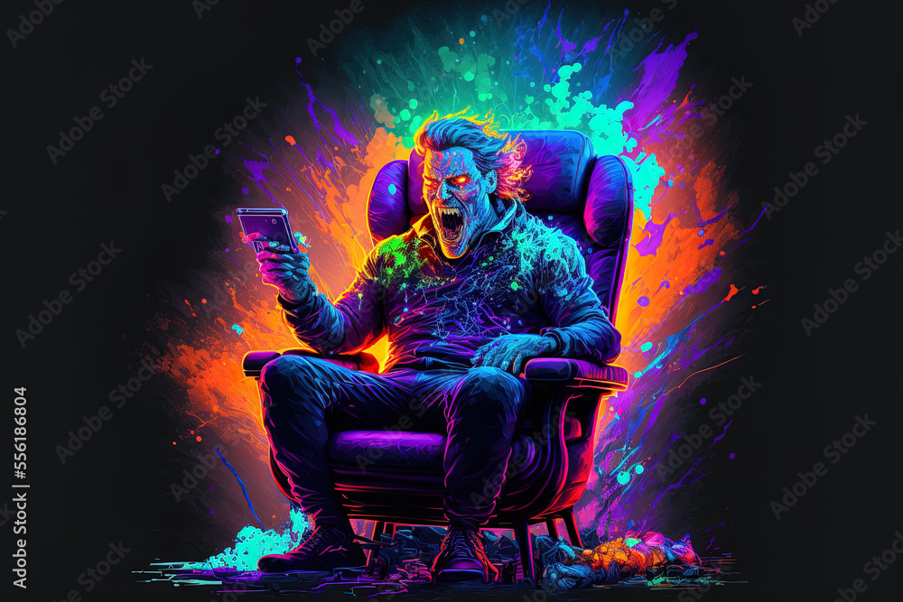 a surprised and excited gamer playing a mobile video game online on his smartphone while seated on a gaming chair in a neon lit room. Streaming the game professionally, having fun, and celebrating vic a surprised and excited gamer playing a mobile video game online on his smartphone while seated on a gaming chair in a neon lit room. Streaming the game professionally, having fun, and celebrating vic