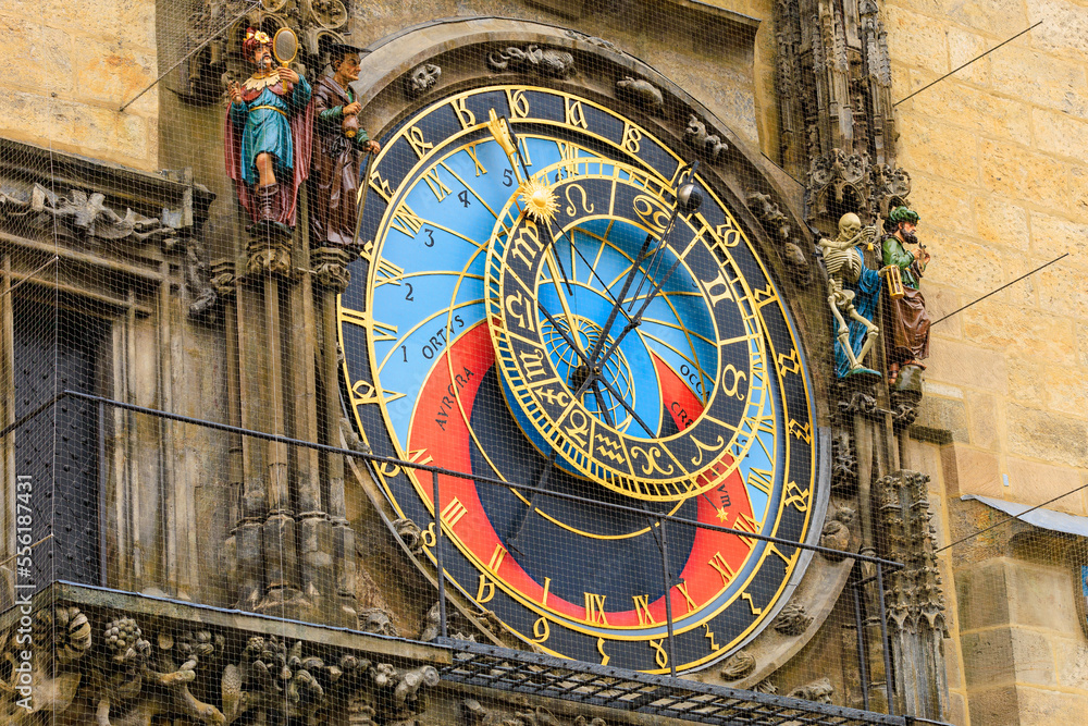 Prague astronomical clock close-up. The main attraction of the capital of the Czech Republic. Background