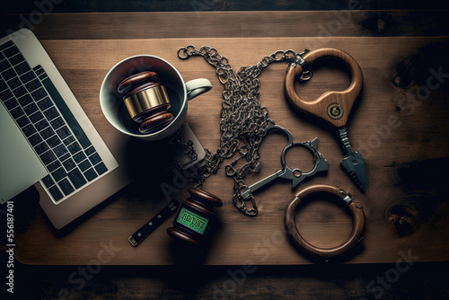 handcuffs and a gavel on a computer on a wooden background copy space. Generative AI photo