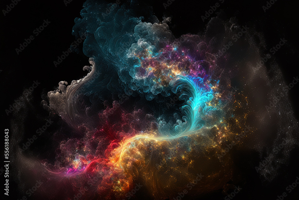 Black background with multicolored fractal nebula dust. Generative AI
