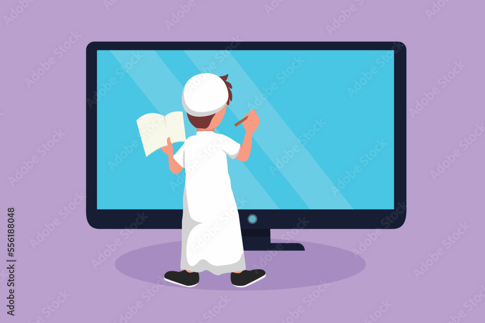Cartoon flat style drawing back view of Arab pre schooler boy student writing on big computer monitor screen like he was writing on whiteboard. Little kid learning. Graphic design vector illustration Cartoon flat style drawing back view of Arab pre schooler boy student writing on big computer monitor screen like he was writing on whiteboard. Little kid learning. Graphic design vector illustration