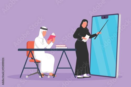Graphic flat design drawing female teacher standing in front of smartphone screen holding book, teaching Arab senior high school student sitting on chair near desk. Cartoon style vector illustration