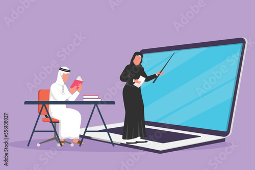 Cartoon flat style drawing female teacher standing in front of laptop screen holding book and teaching Arabian senior high school student sitting on chair near desk. Graphic design vector illustration