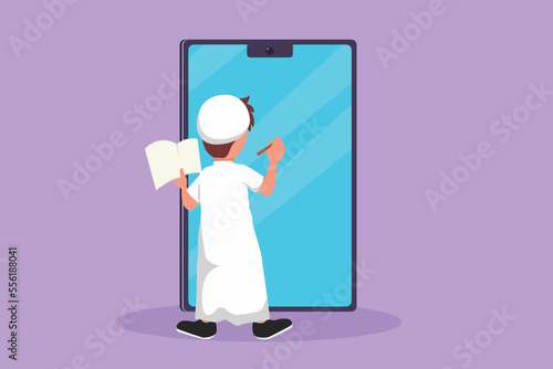 Character flat drawing back view of Arab pre schooler boy student writing on giant smartphone screen like he was writing on whiteboard. Little kid learning metaphor. Cartoon design vector illustration