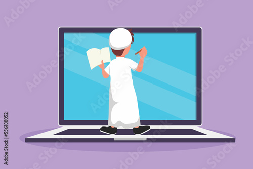 Character flat drawing back view of pre schooler boy student writing on giant laptop computer screen like he was writing on whiteboard. Little Arabian kid learning. Cartoon design vector illustration