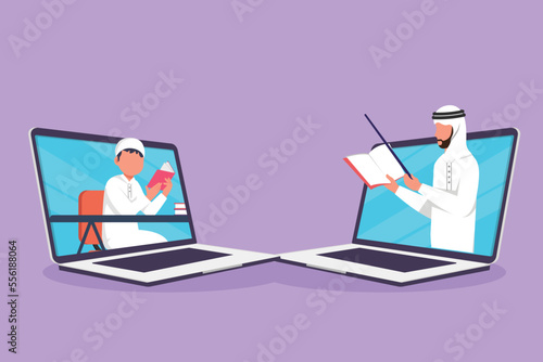 Graphic flat design drawing two laptop are standing in front of each other, one side contains male student studying and the other contains Arab male teacher teaching. Cartoon style vector illustration
