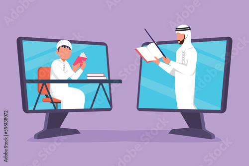 Graphic flat design drawing two monitor standing in front of each other, one side contains male student studying and the other contains Arabian male teacher teaching. Cartoon style vector illustration