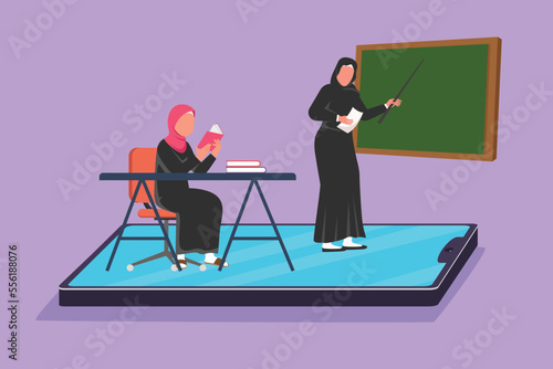 Character flat drawing Arabian female teacher teaching cute little girl junior high school student who sitting on chair near desk and studies on smartphone screen. Cartoon design vector illustration