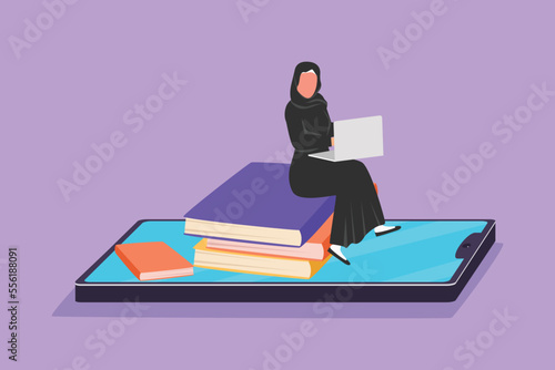 Character flat drawing beautiful Arabian female college student sitting on pile of book while typing laptop on smartphone screen. Learning online education concept. Cartoon design vector illustration