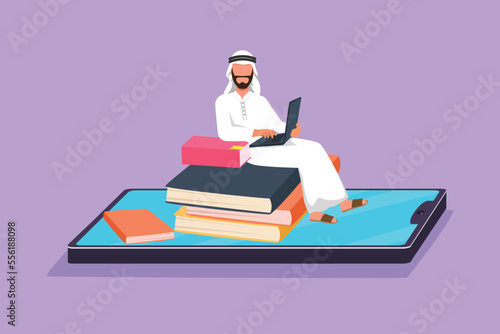 Cartoon flat style drawing Arabian male college student sitting on pile of book while typing on laptop on smartphone screen. Online digital learn education concept. Graphic design vector illustration