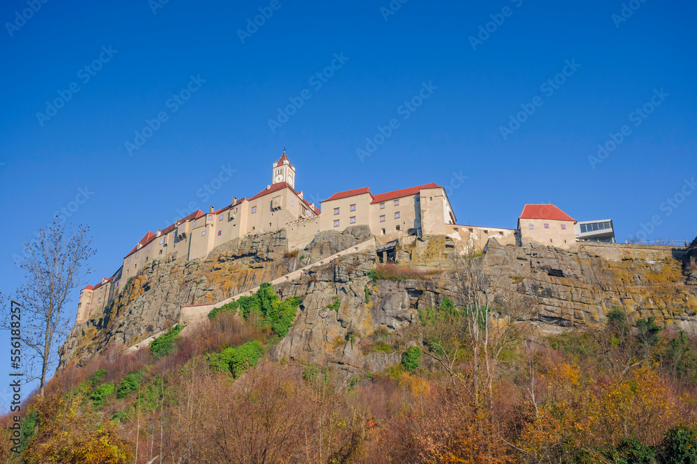 The medieval Riegersburg Castle on top of a dormant volcano, surrounded by beautiful autumn landscape, famous tourist attraction in Styria region, Austria