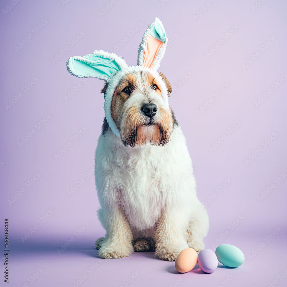 dog dressed as bunny on pastel color backdrop for Easter, studio lighting