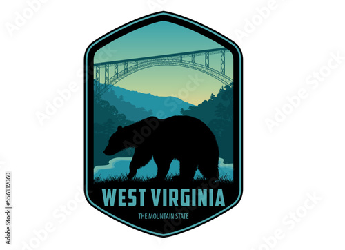 West Virginia vector label with black bear in New River Gorge National Park
